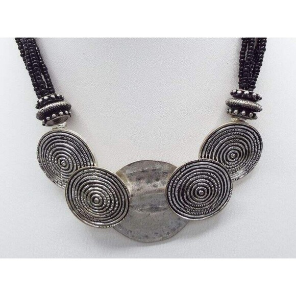 Chico's Sevilla Silver tone Medallions Black Seed Bead Necklace 20" - Picture 2 of 4